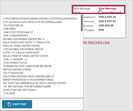 View Swift Message from Payment Summary box